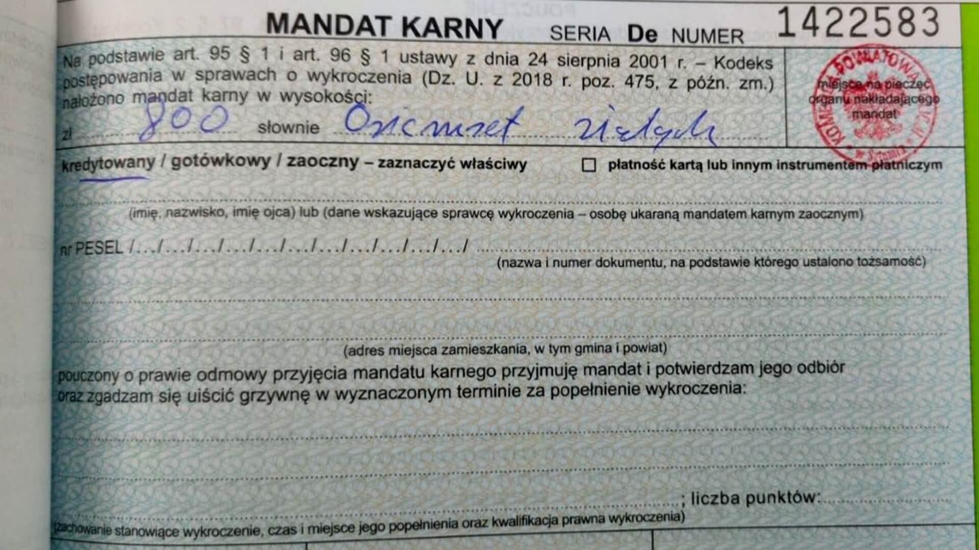 Так выглядит mandat karny — квитанция о штрафе